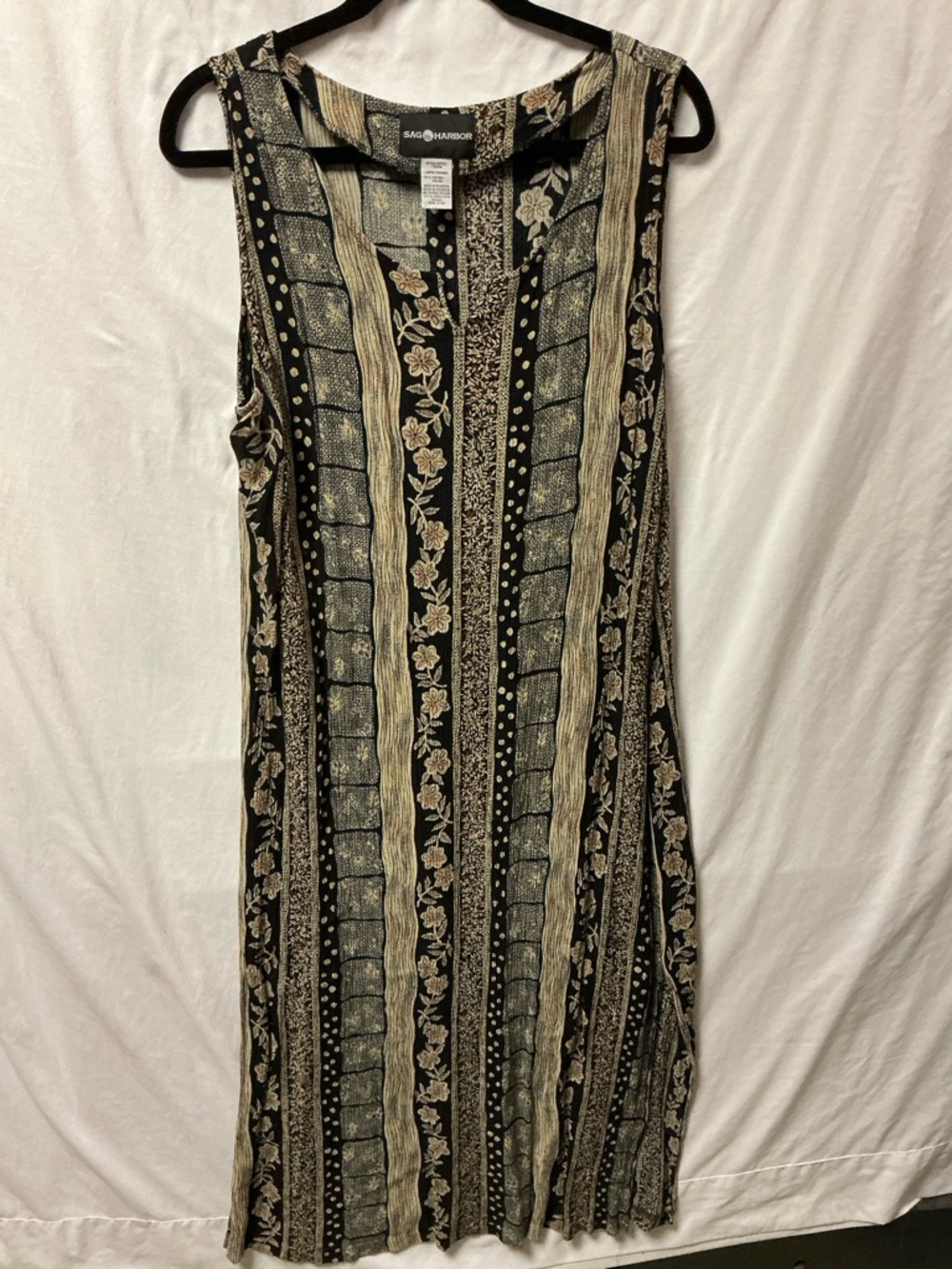 Boho Sag Harbor Black Floral Stripe Sleeveless Dress